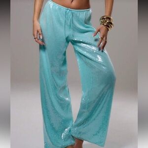 Sparkling Aqua Wide-Leg Sequin Pants